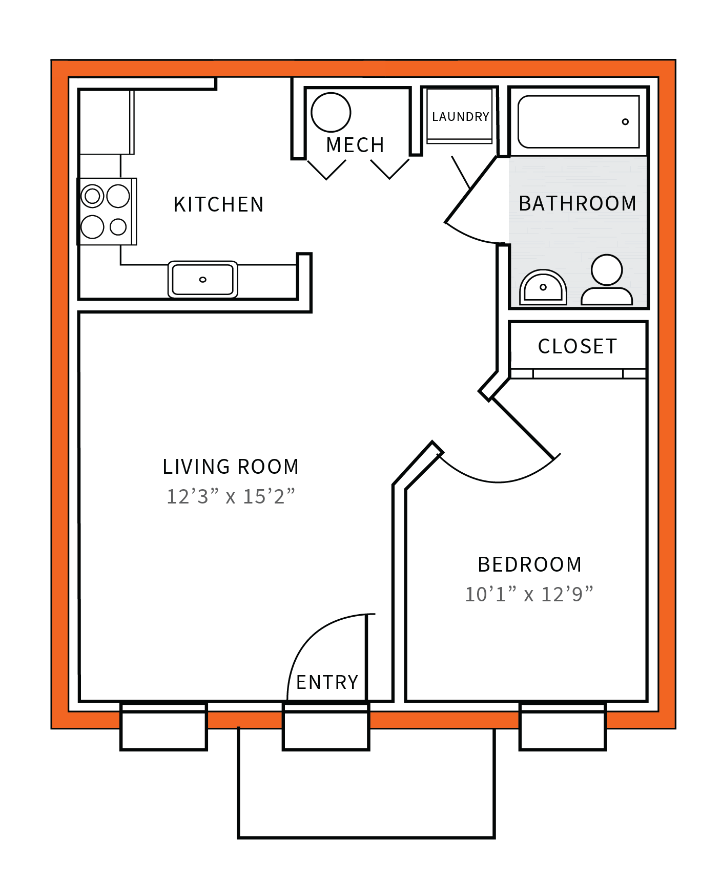 Floor plan for 1 bed, 1 bath, 575 sqft